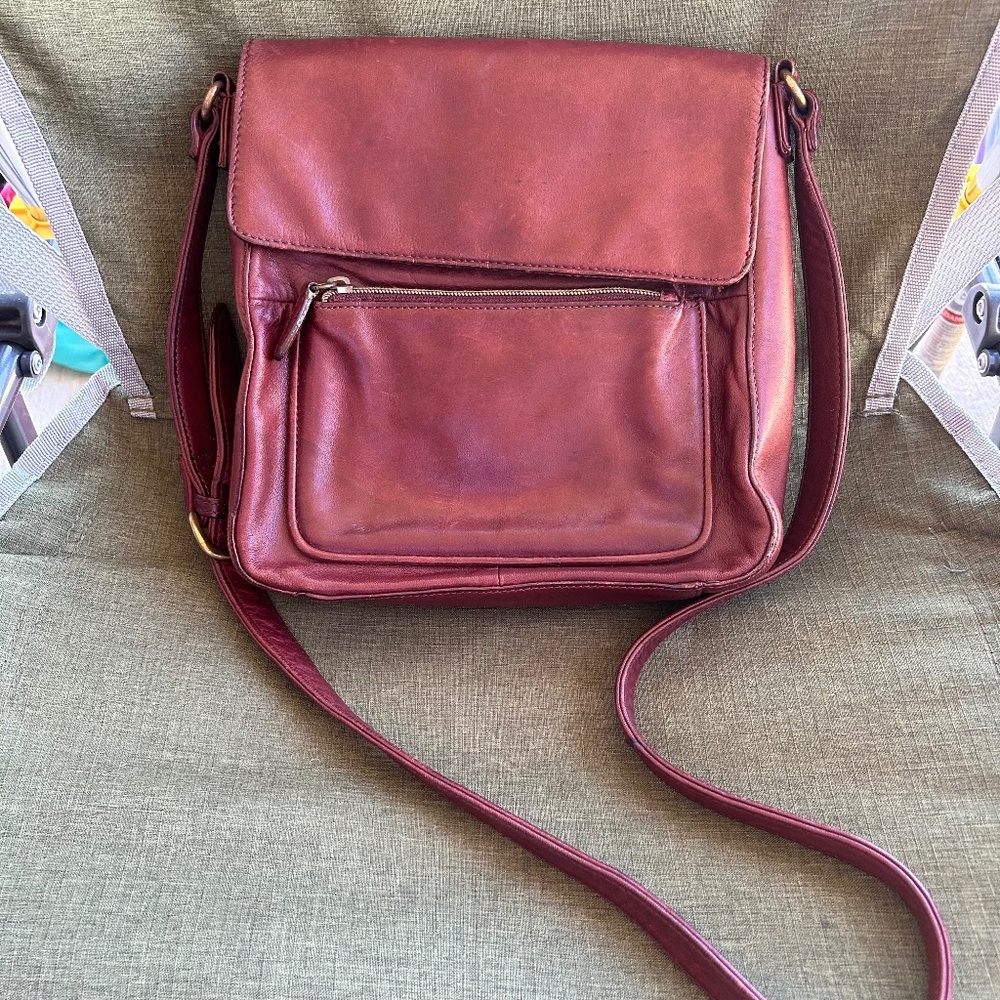 Vintage FOSSIL Brown Mahogany Leather Messenger Crossbody Bag Purse w/ Wallet